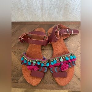 Leather handmade Mexico beaded tassel boho colorful sandals